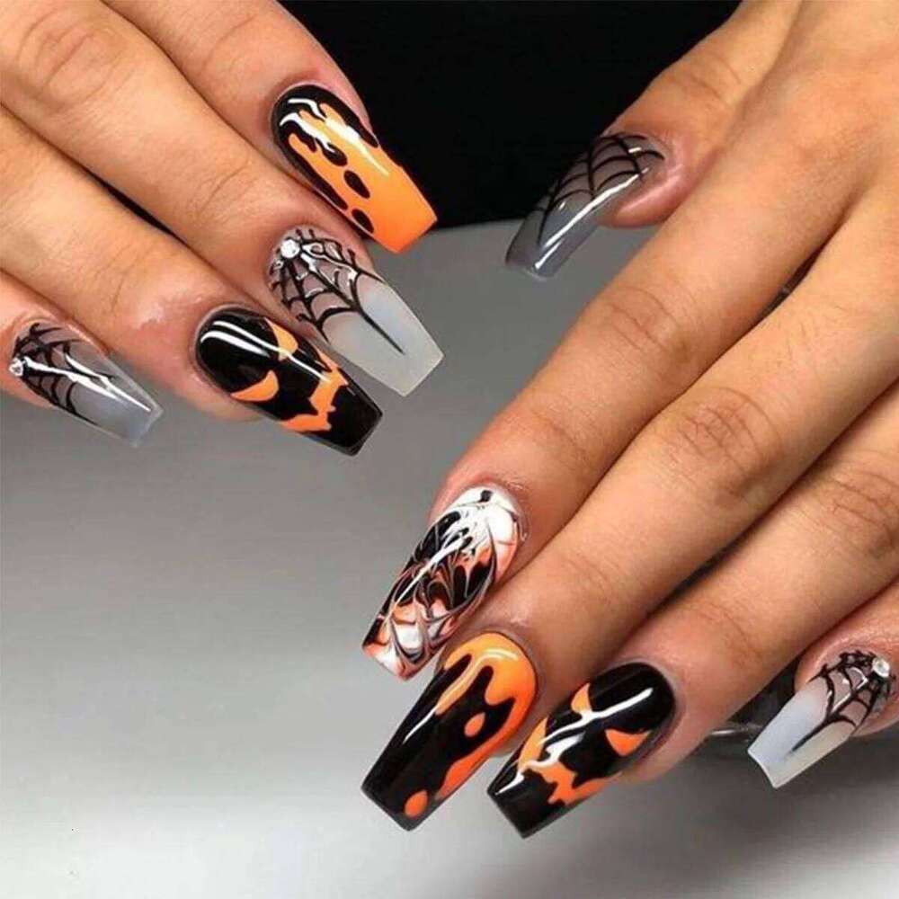 24Pcs Halloween False Ghosts Bats Fake Short Square Press on Nails Full Cover Nail Tips Manicure Tools X250816
