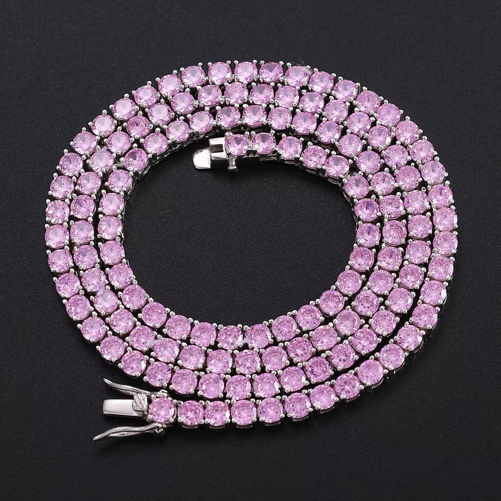 Men's Hip Hop Pink Diamond Necklace Link Chain 925 Silver Tennis Chain Gift Use