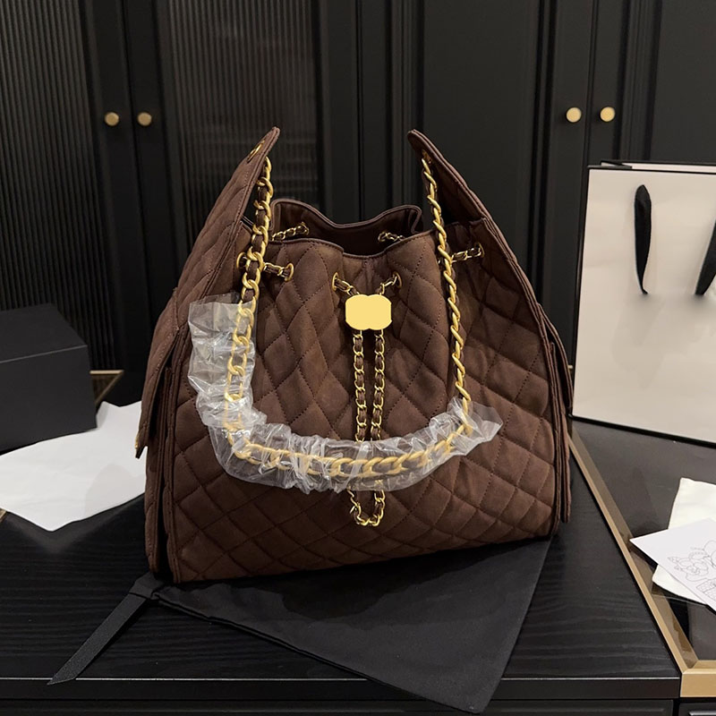 Women Vintage String Design Bucket Bag Soft Suede Multi Colors Golden Buckle Hardware Metal Chain Outdoor Crossbody Tote with Flap Pockets Shoulder Wallet 34x33cm