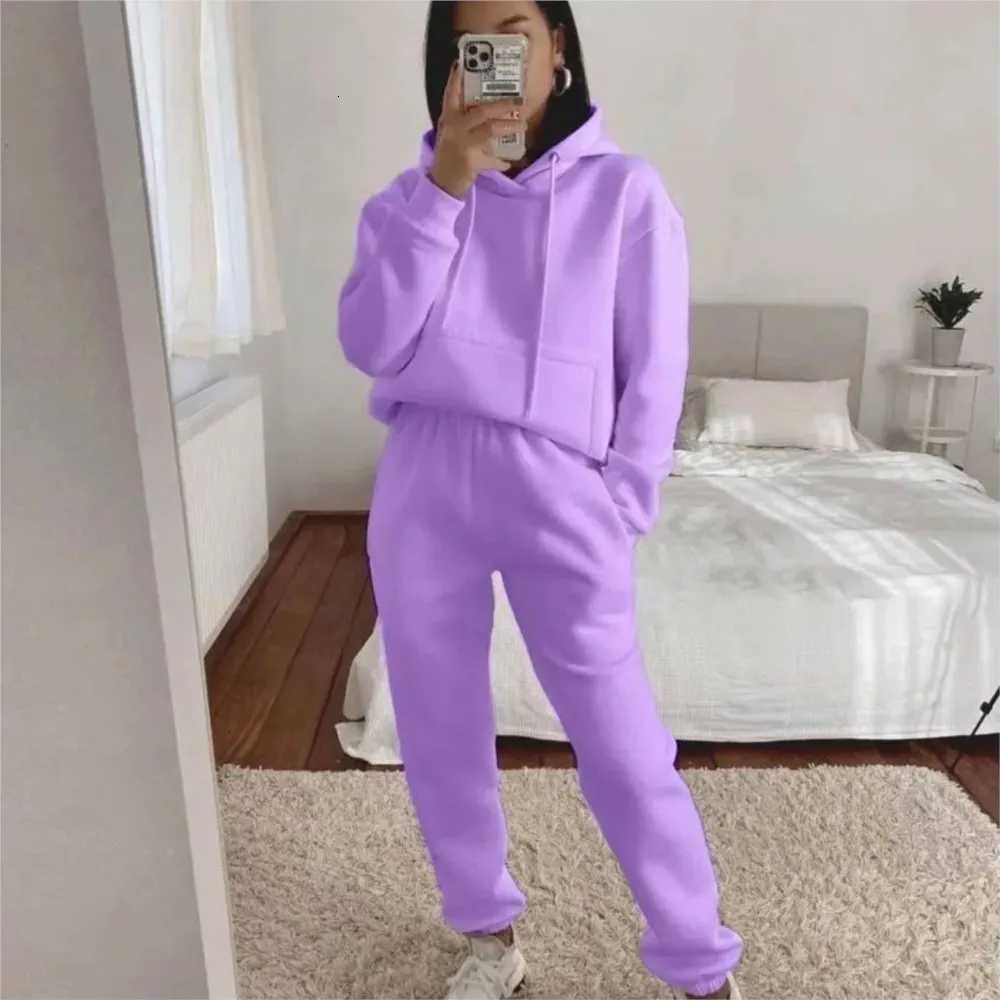 Womens Pocket Long-sleeve Hooded Sweatshirt Casual Set Autumn Winter New Solid Color Loose Sport Long Pants 2 Piece Set Fe XJ250816