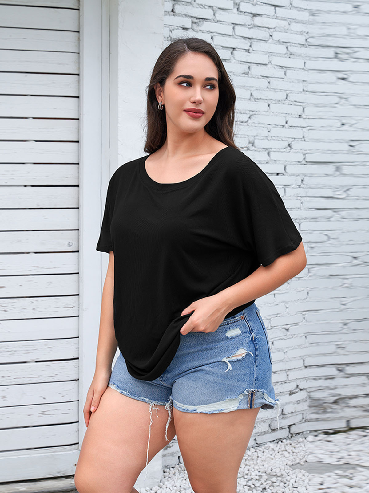 K2108 Plus size women's T-shirt short sleeve loose black slim comfortable thin drape round neck casual top solid color commuting