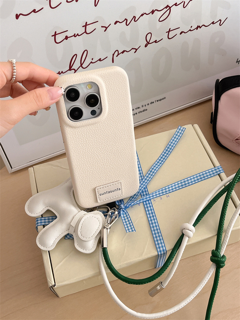Unique Leather Dog Design Case - 2-Tone Crossbody Strap for iPhone 12/13/14/15/16 Pro Max