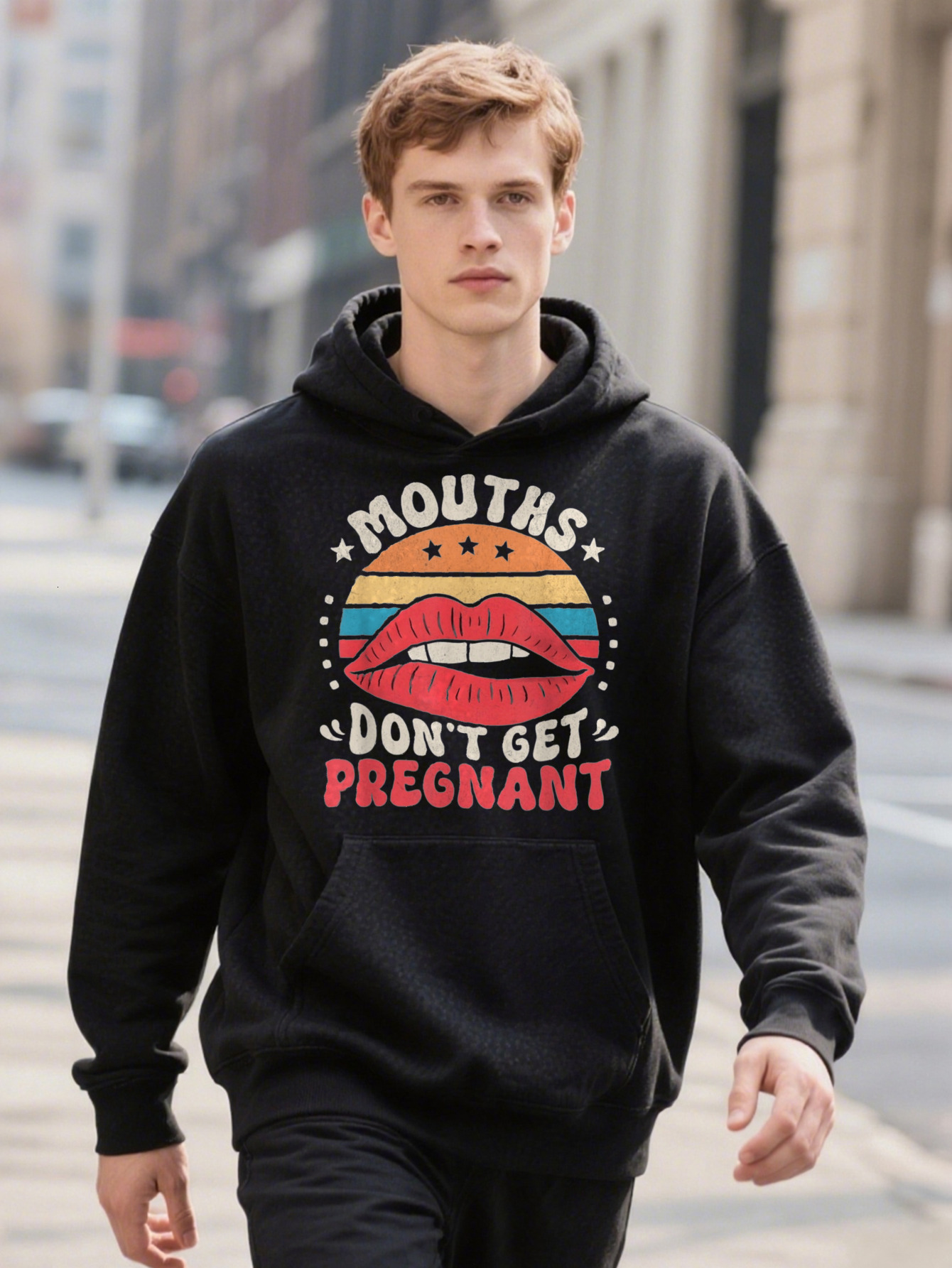 Ee Soft Cotton Men's Graphic Mouths Hoodie Don't Get Pregnant Humor Design Relaxed Fit