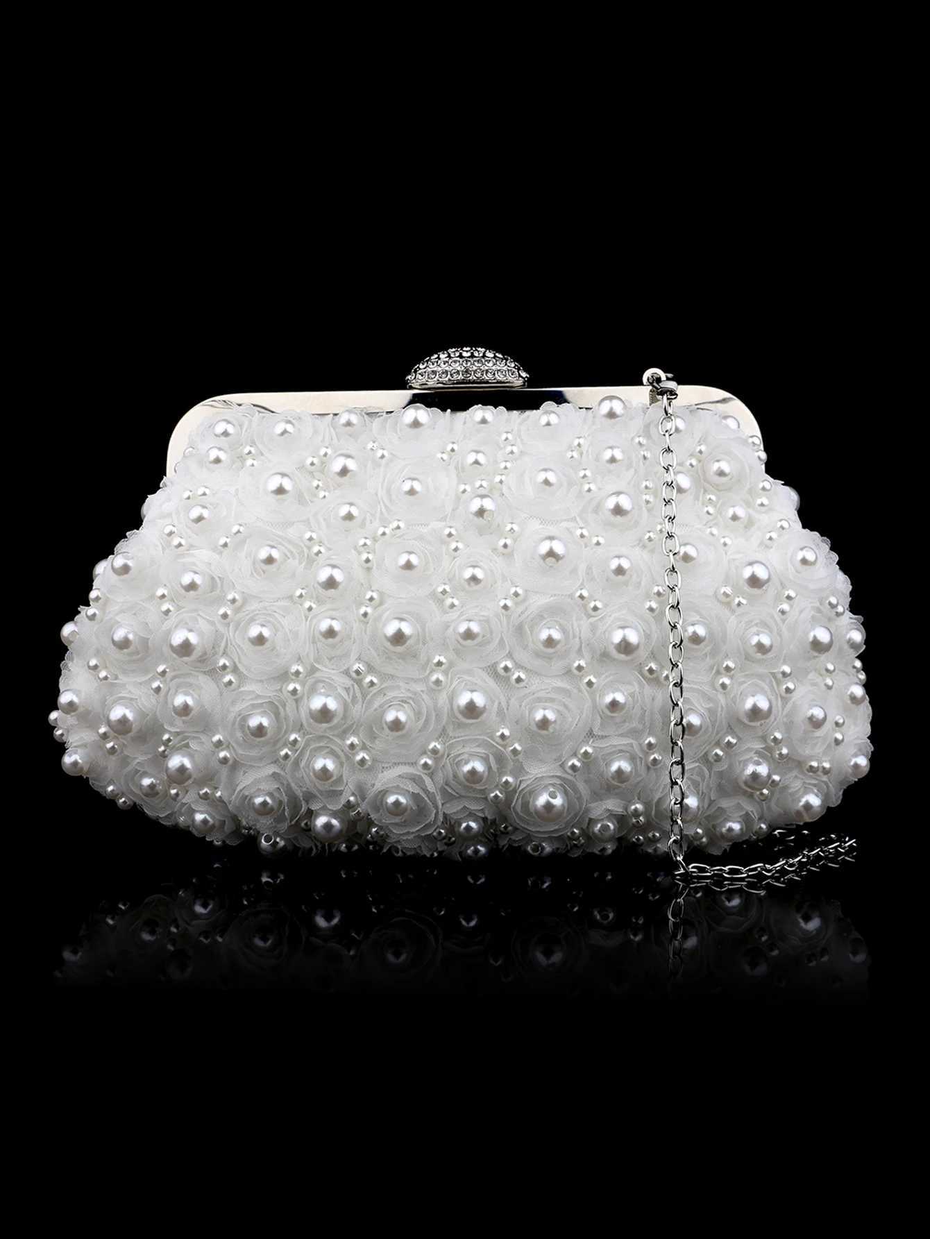 Sweet Lady Beaded Lace Flower Pearl Womens Clutch Bag Evening Bag Hand Wedding Bride Bag Bridesmaid Bag Party Dress Bag Hand Bag Mobile Phone Bag W250