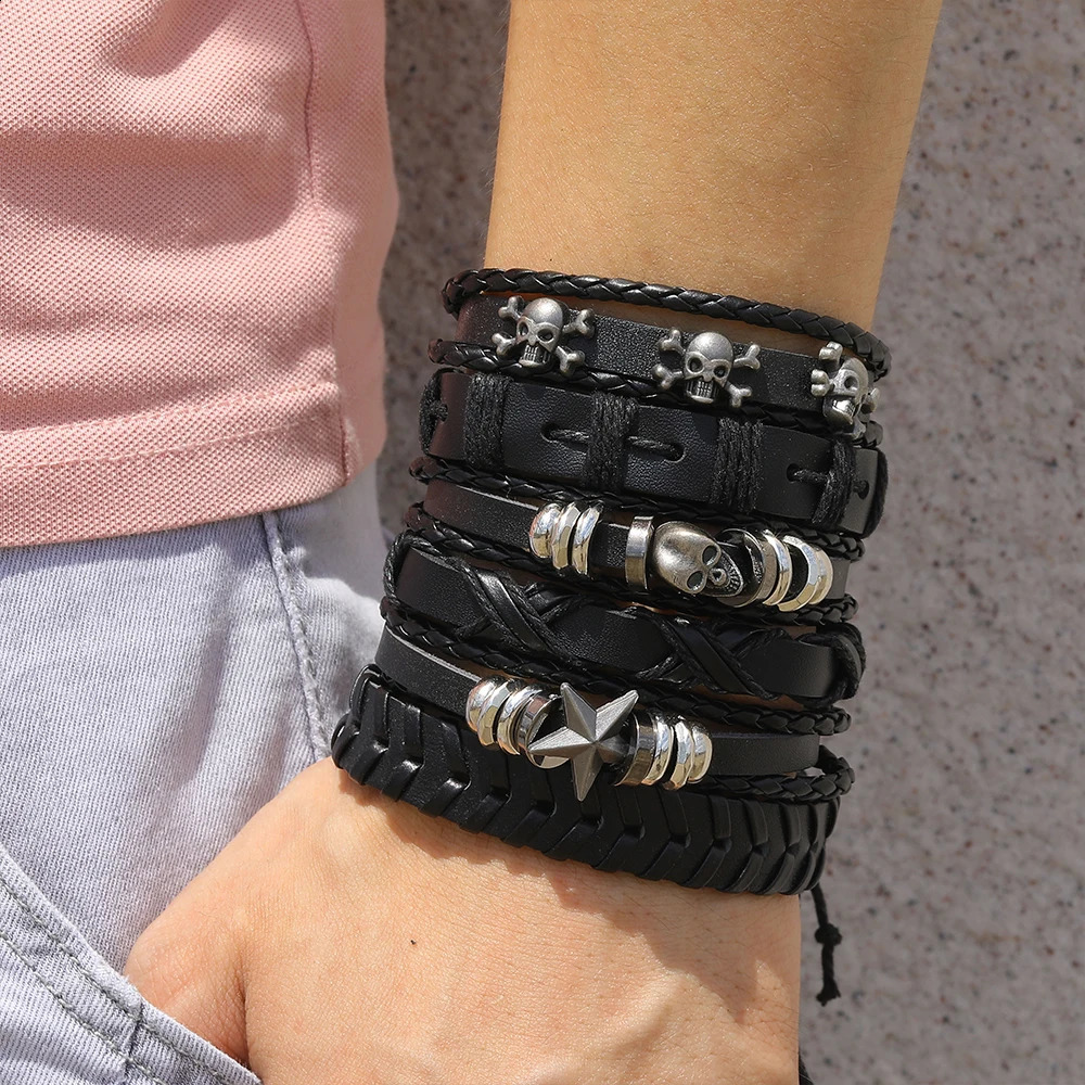 Fashion 6Pcs Set Gothic Punk Skull Star Metal Multilayer Leather Bracelet Men Bracelets Bangles Male Arm Jewelry Accessor designer bracelet women luxu - view 4