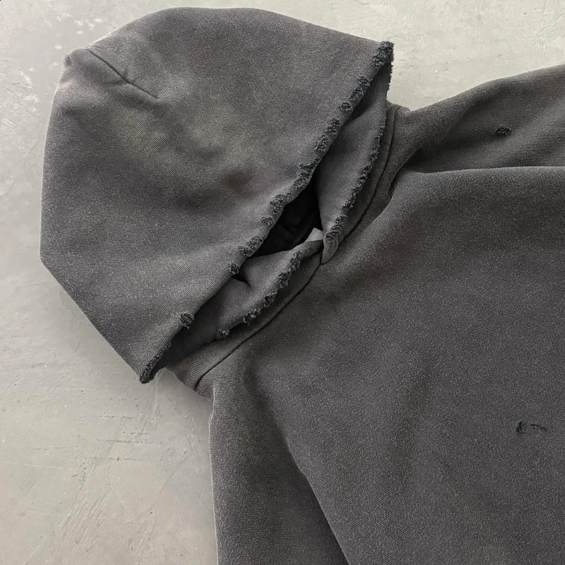 Retro loose hoodie a pcs oversized pure gray Watch-peeker hole breaking sweatshirt Y2K unisex Gothic Harajuku casual pullover 250815