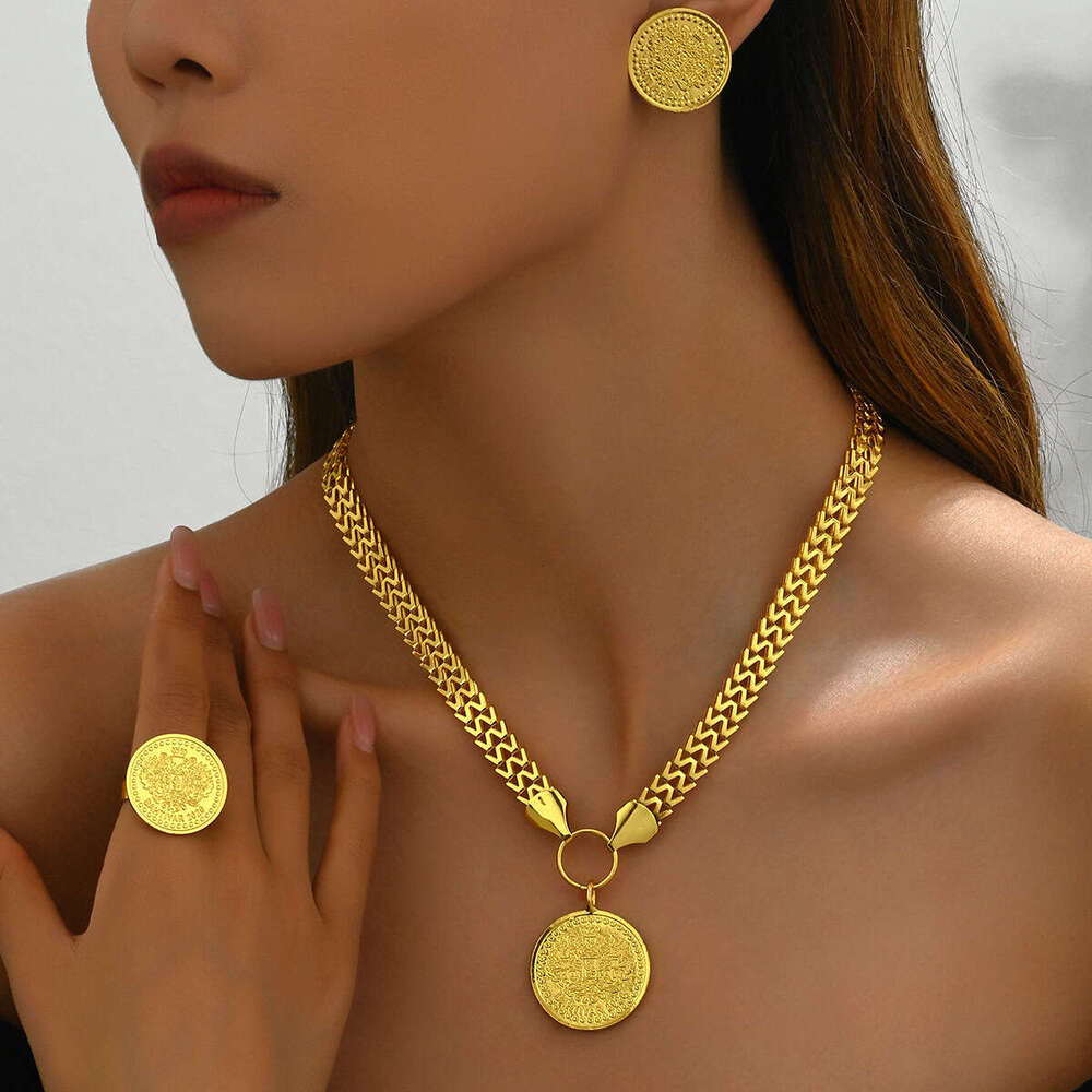 Fashion OL Round Tree of Life Pendant Necklace Earring Set Personality Electroplated Ring Versatile Jewelry