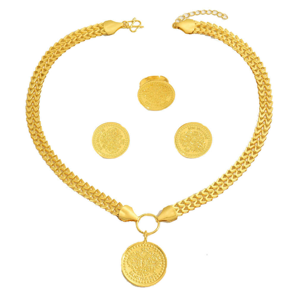 Fashion OL Round Tree of Life Pendant Necklace Earring Set Personality Electroplated Ring Versatile Jewelry