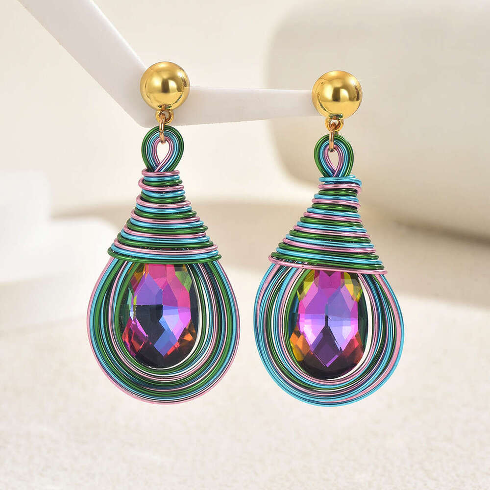 Wind Lady Geometric Inlaid Colorful Water Drop Design Studs Versatile High-end Earrings