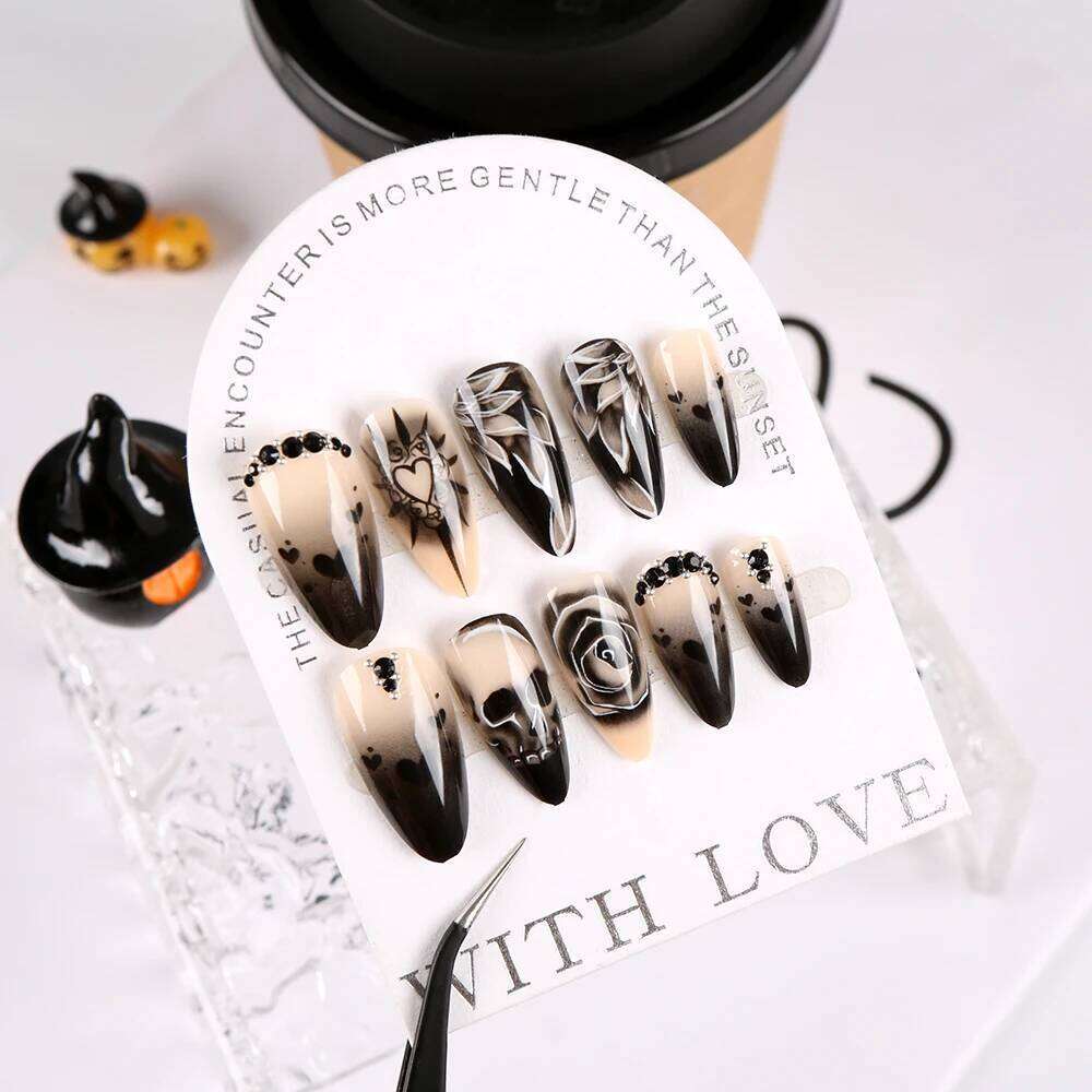 24Pcs Black Glossy Halloween Al Fake Gradient French Cool Press On Rose/Heart/Skull Acrylic Wearable False Nails X250816