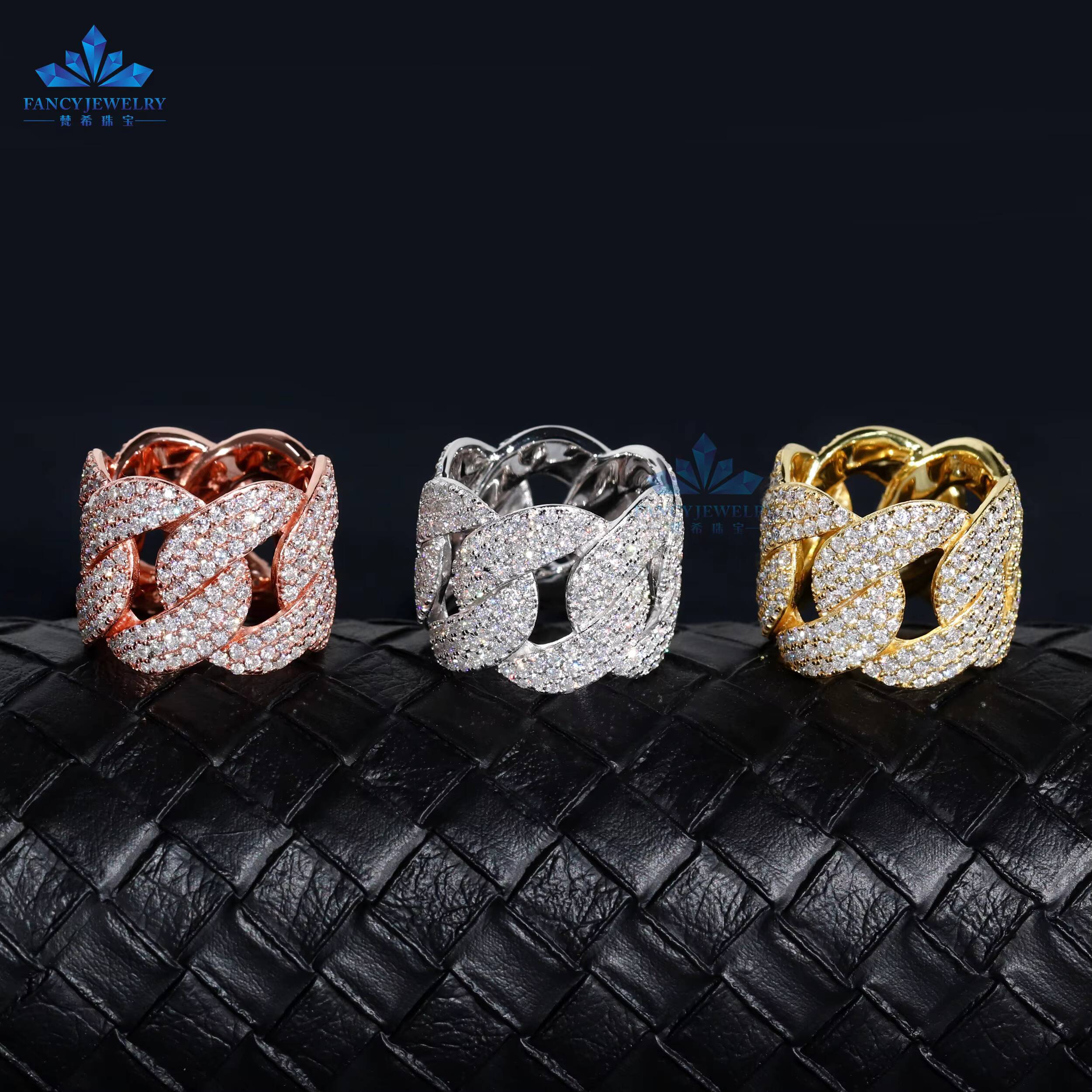 925 Sterling Silver Mens Ring with 3 Row Cuban Link VVS Moissanite Gold Plating Hip Hop Bling Style for Wedding Parties