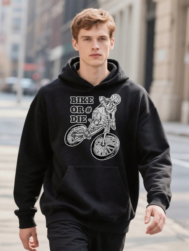Men S Casual Crew Hoodie with Skull Mountain Bike Print, Slight Stretch Fabric, Regular Fit, Portrait