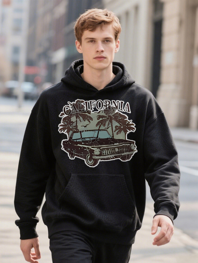 Men Hoodie S Casual California Graphic Vintage Car Palm Tree Design Black Crew Ee Lightweight