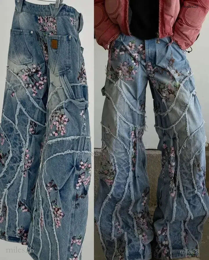 Japanese Cherry Blossom Embroidery Holes Retro Blue Jeans Female Y2k New Haruku Hip Hop Gothic Joker Wide-Leg Pants