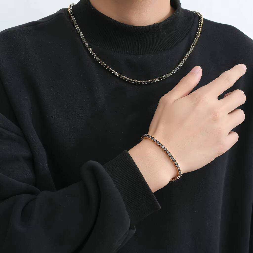 Fashion Quality Men Black 4mm 16 Inch Moissanite Tennis Chain Necklace Hiphop Gold Plated Jewelry for Men with Black Zircon