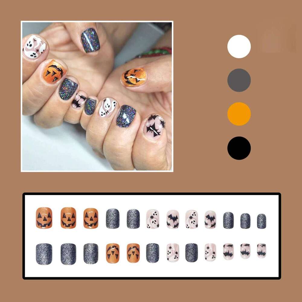 24pcs Halloween Fake With Black Ghost Bat Pumpkin Design Wearable Colorful Glitter Short Square False Press On Nails X250816