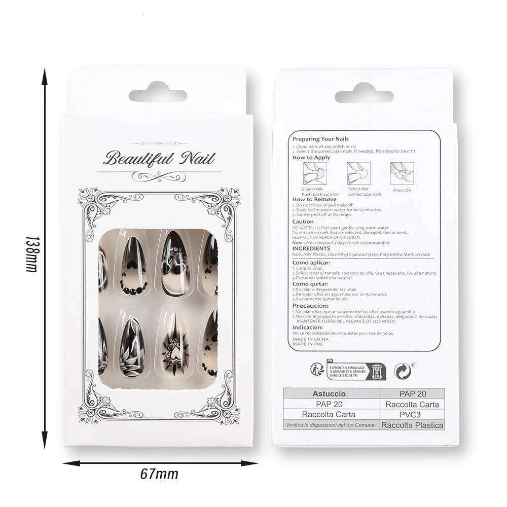 24Pcs Black Glossy Halloween Al Fake Gradient French Cool Press On Rose/Heart/Skull Acrylic Wearable False Nails X250816