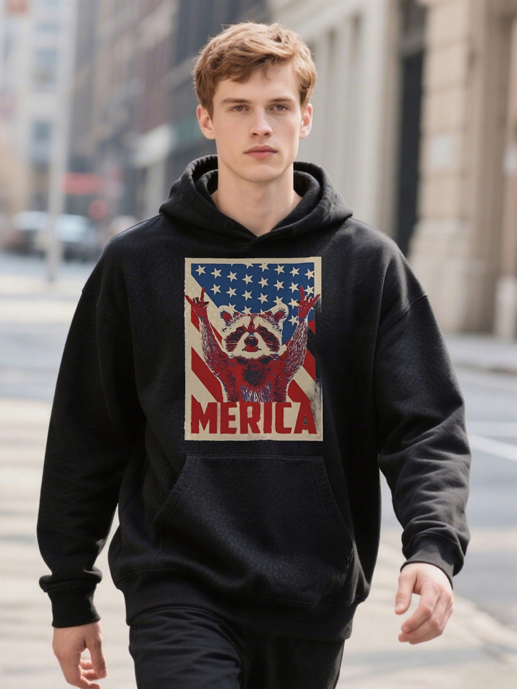 Men s Casual Crew with Patriotic Raccoon Graphic Print Black Red Hoodie American Flag Design