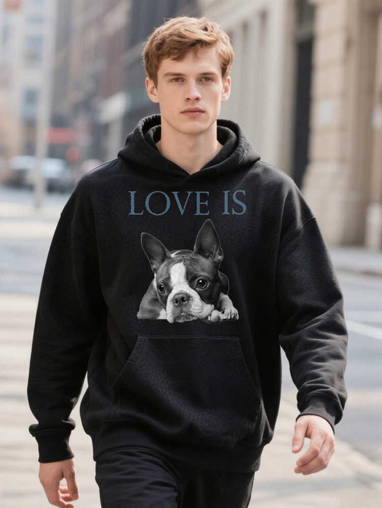 Love Is Boston Errier Graphic Men Hoodie Plus Size L XL Soft Cotton Casual With Adorable Bostie Print Black