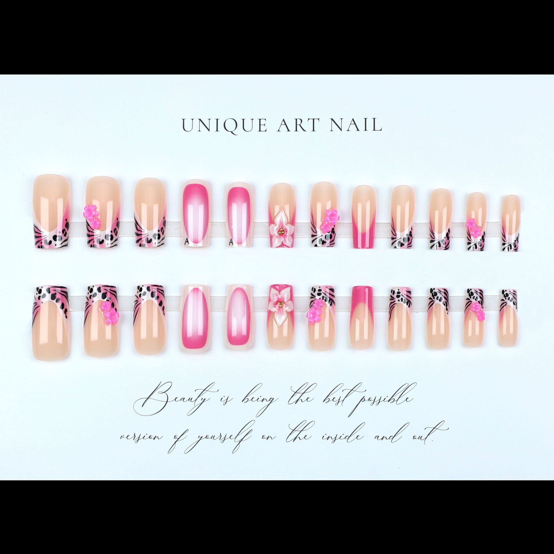 Hot Sale Medium Tube False Fashion French Leopard Sweet Flower 3D Carved Wearable Nails Finished Product