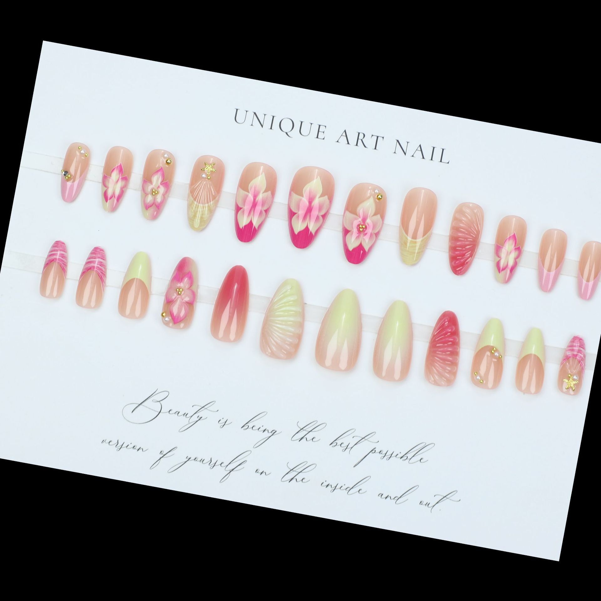 Fashionable Sweet Pink and Yellow French Flower 3D Resin Nail Tips Fake Nails Finished Product