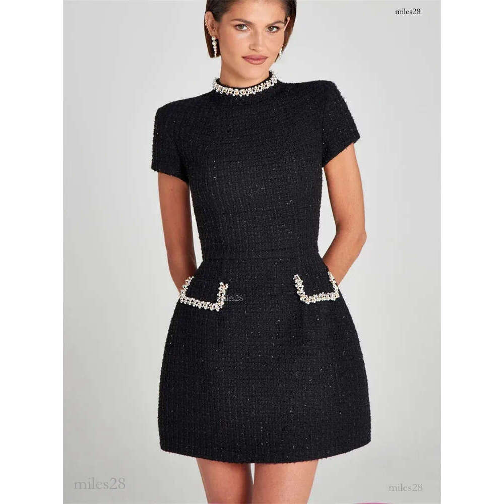 Tosssy Shiny Elegant Female Mini Pocket Short Sleeve Patchwork Fashion Slim Party Gown Women's Glitter Vntage Dress