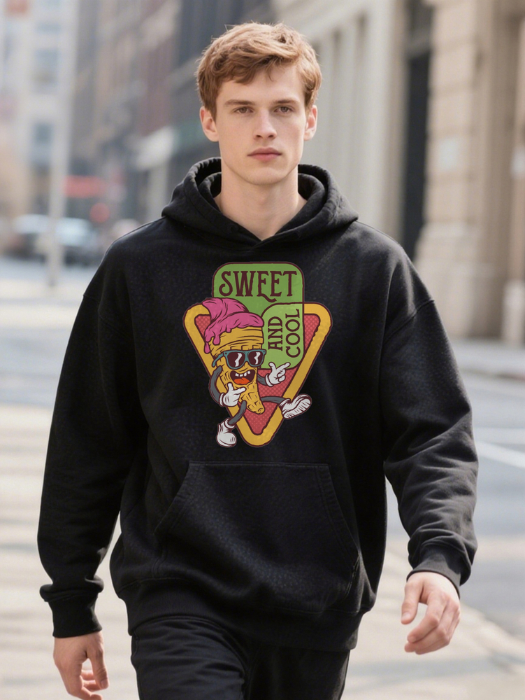 Men S Crew With Sweet And Cool Graphic Black For Casual Attire Hoodie Playful Print