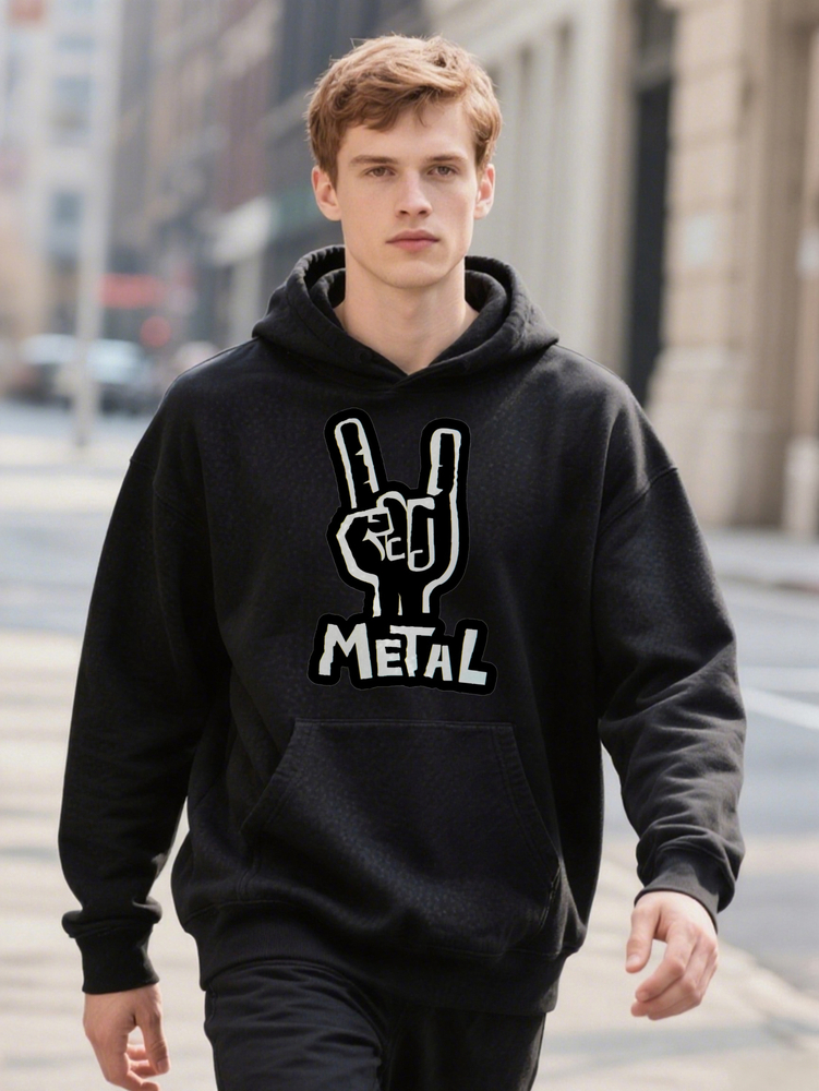 Men S Casual Band Graphic Hoodie Black Crew with Rock Hand Gesture Perfect for Everyday Print
