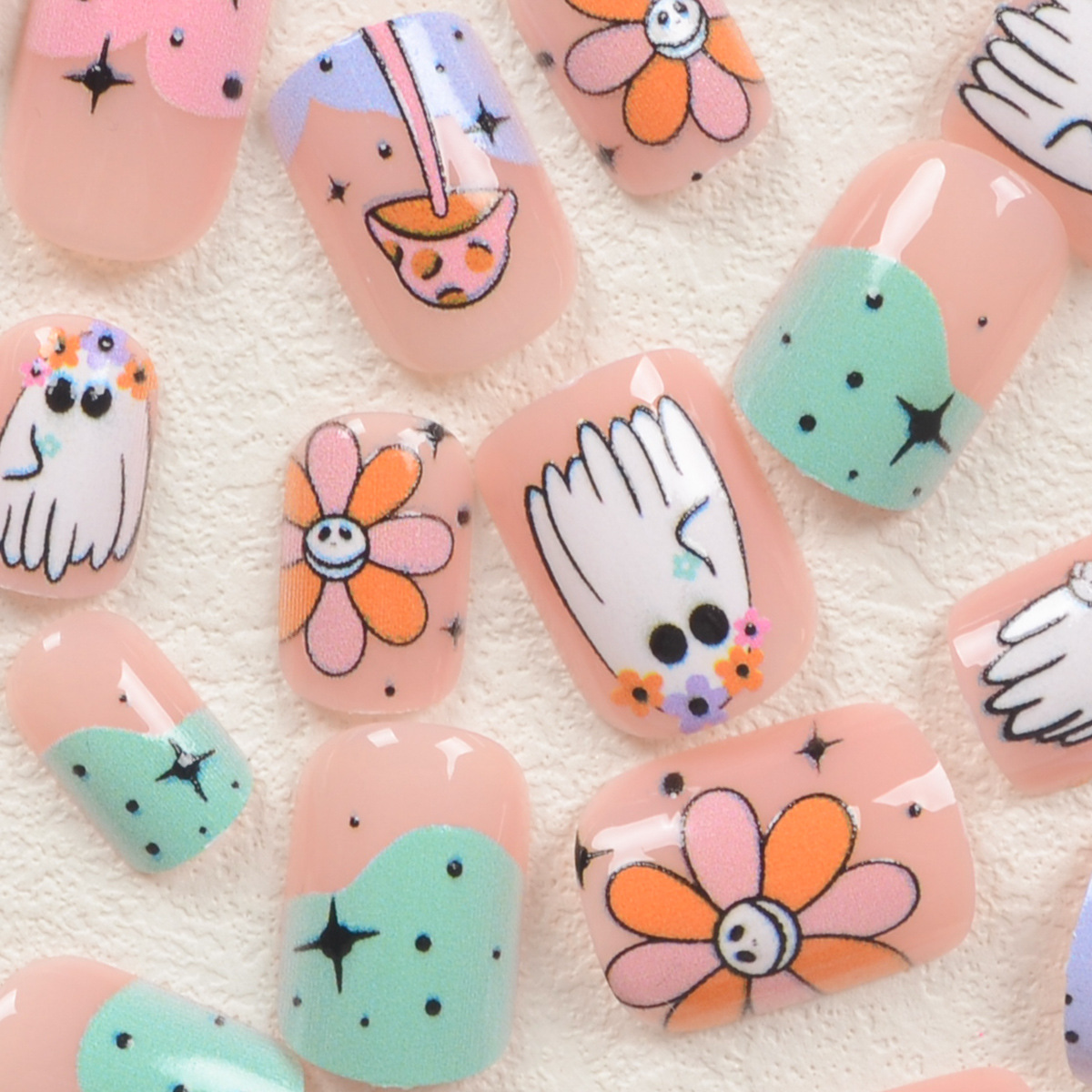 24Pcs Halloween-Themed Press-On Nails Set, Floral Festive Elements Design, Glossy Finish with Jelly Glue & Nail File Included X250816