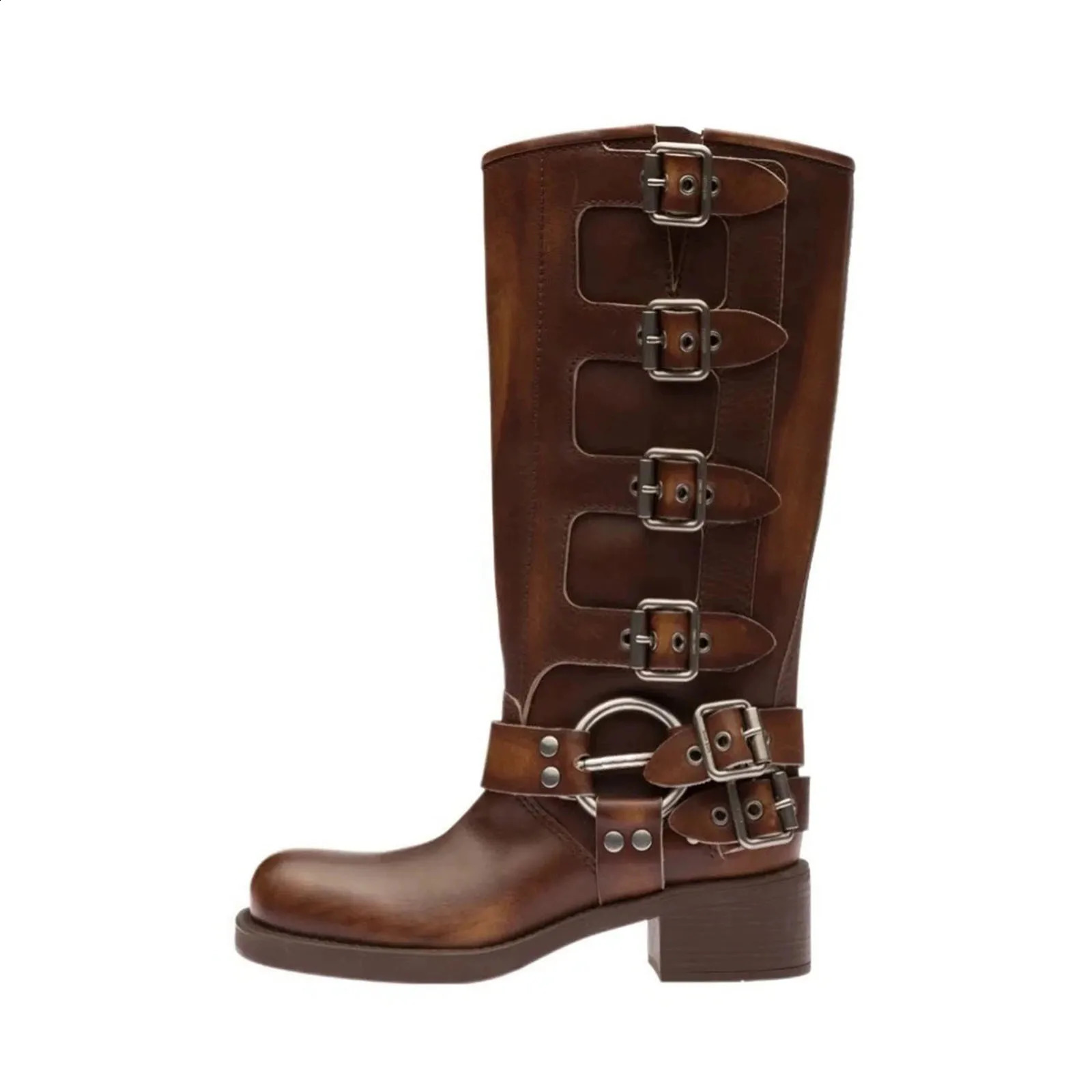Arden Furtado Genuine Leather Platform Rivet Motorcycle boots Round toe Belt buckle Block heel mid wide calf Western boots 250809
