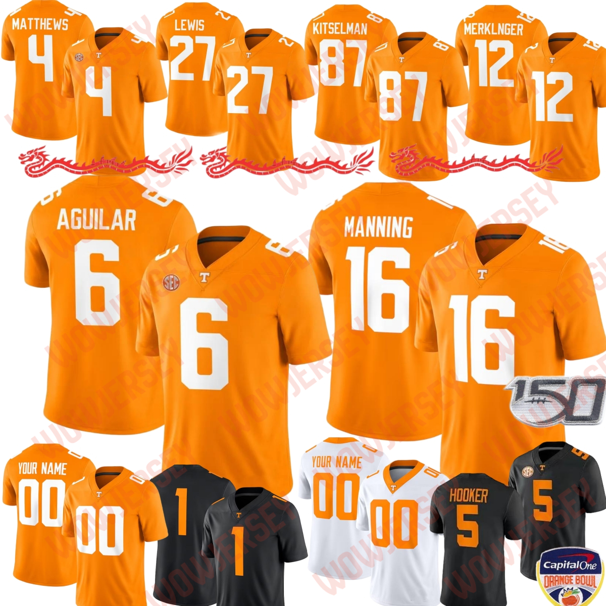2025 Tennessee Volunteers College Orange Football Jersey 6 Joey Aguilar 87 Miles Kitselman 12 Jake Merklinger 4 Mike Matthews 27 Peyton Lewis Manning Hooker Kamara