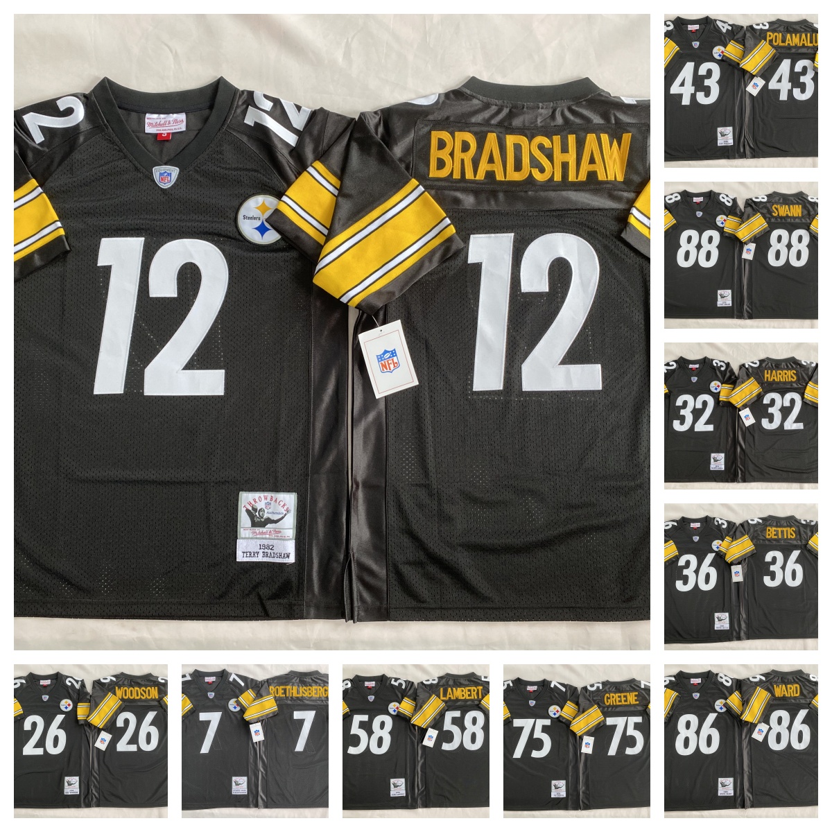 Custom 88 SWANN 86 WARD 75 GREENE 58 LAMBERT 43 POLAMALU 36 BETTIS 32 HARRIS 26 WOODSON 12 BRADSHAW 7 ROETHLISBERGER football jerseys all stitched men women youth all si
