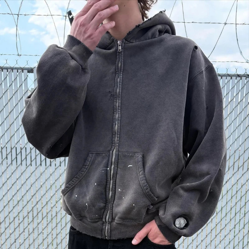 Retro loose hoodie a pcs oversized pure gray Watch-peeker hole breaking sweatshirt Y2K unisex Gothic Harajuku casual pullover 250815