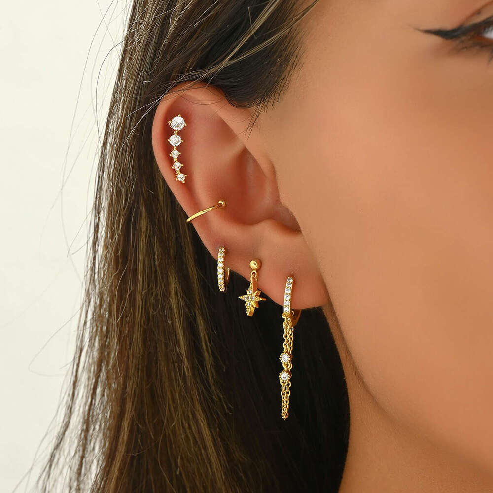 Ins Style Niche Design Inlaid with Zircon Star Versatile Ear Bone Stud Set Simple Earrings