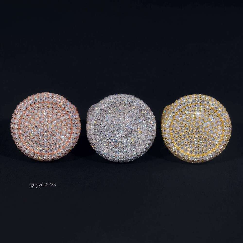 Designer newHip Hop Jewelry Sier Fully Iced Bubble Edge Round Dia Moissanite Men Pinky Ring