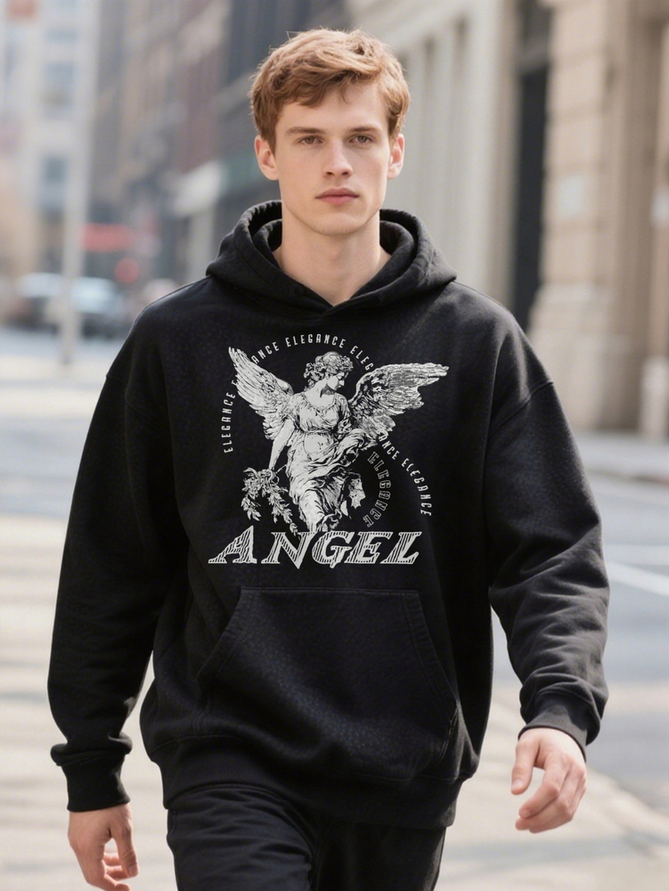 Men s Hoodie Crew with Print Black ee hine Washable Regular Fit Adult Apparel Casual Wear Angel