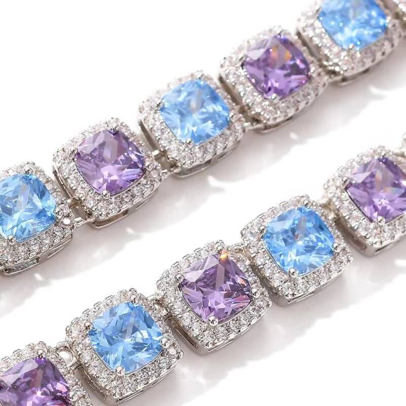 SGARIT Jewelry Colorful Real Vvs Moissanite Diamonds Blue Purple 10MM Cluster Tennis Chain Necklace in White Gold