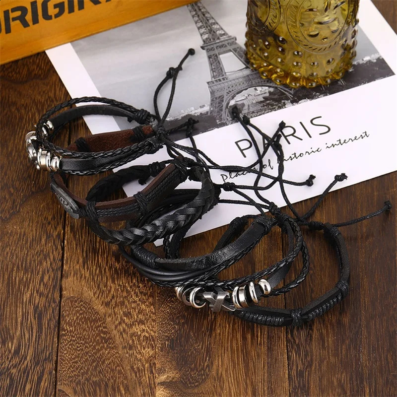 Fashion 6Pcs Set Gothic Punk Skull Star Metal Multilayer Leather Bracelet Men Bracelets Bangles Male Arm Jewelry Accessor designer bracelet women luxu - view 3