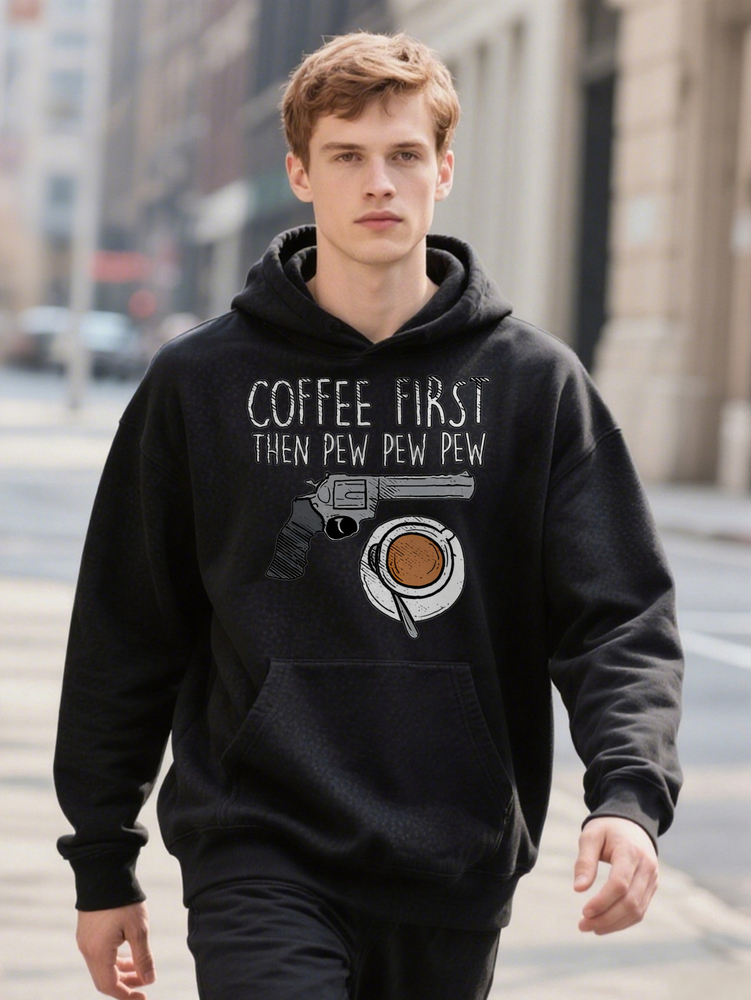 Men Hoodie S Humorous First Hen Pew Graphic Black Casual Ee With Revoer Coffee Cup