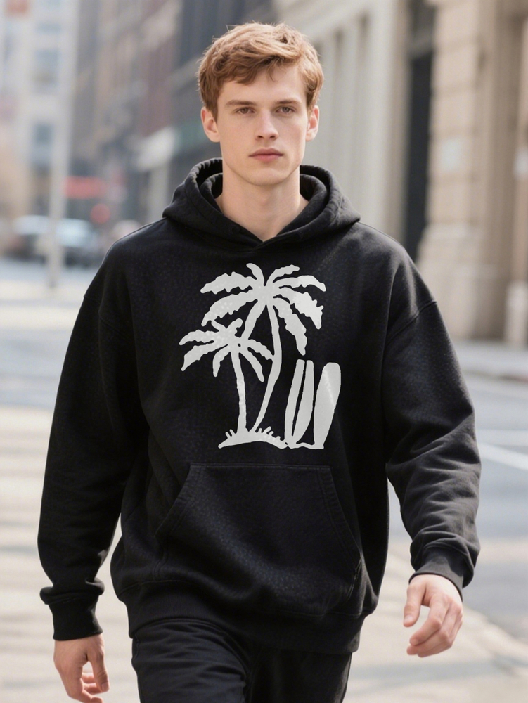 Men S Casual Crew Hoodie With Palm Tree Surfboard Graphic Print Black Soft Fabric