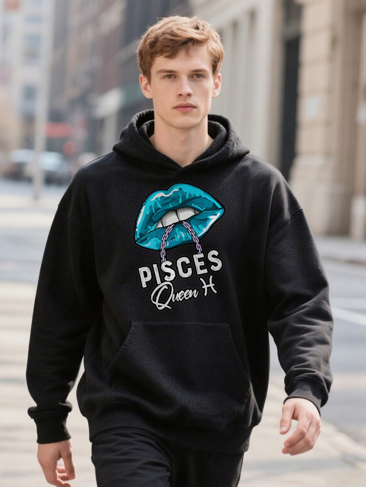 Men S Casual Crew Hoodie Pisces Queen Graphic With Bold Lip Print Black Blend High Washable