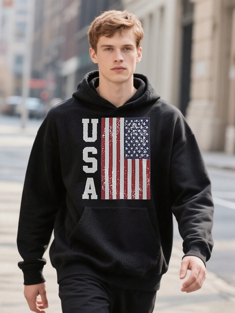 Men S Casual Black Distressed Hoodie USA Patriotic Graphic Print Lightweight Gsm b8157 a6fa7