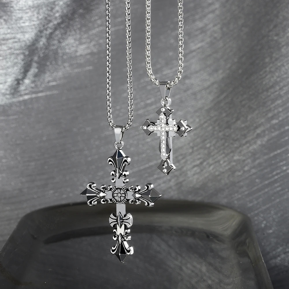 1pc Vintage Cross Pendant Necklace Men Stylish Gothic Style Inlay Diamonds Bilayer Cross With Stainless Steel Chain Jewelry Gift 250812