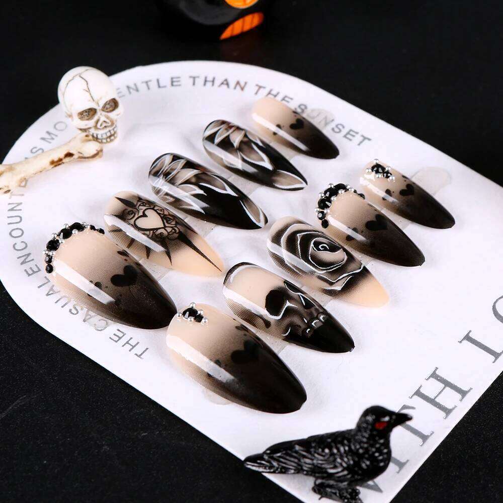 24Pcs Black Glossy Halloween Al Fake Gradient French Cool Press On Rose/Heart/Skull Acrylic Wearable False Nails X250816