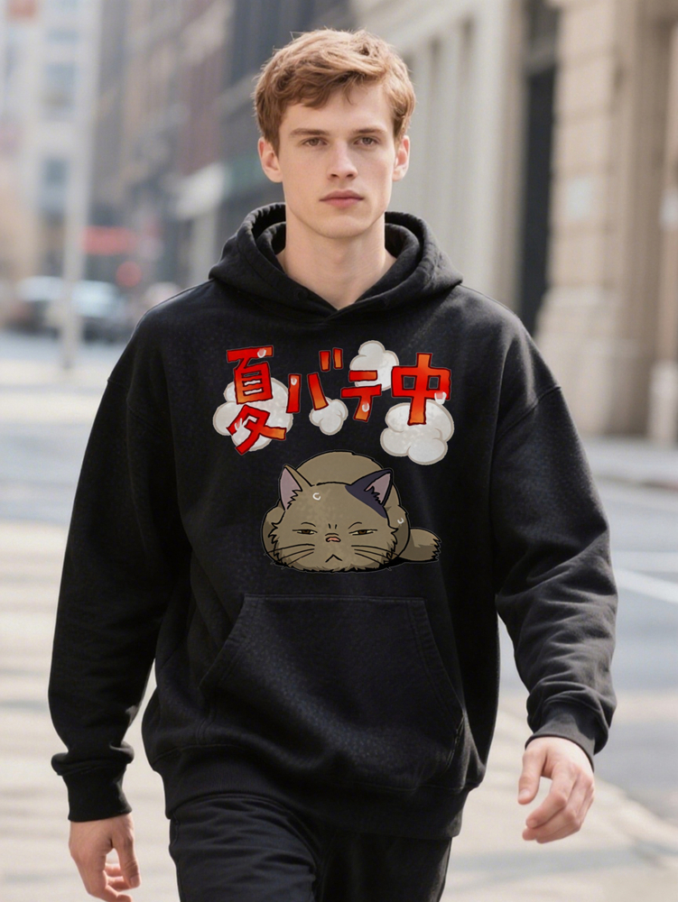 Men S Casual with Japanese Cat Cloud Print Black Hoodie ee Regular Fit Perfect