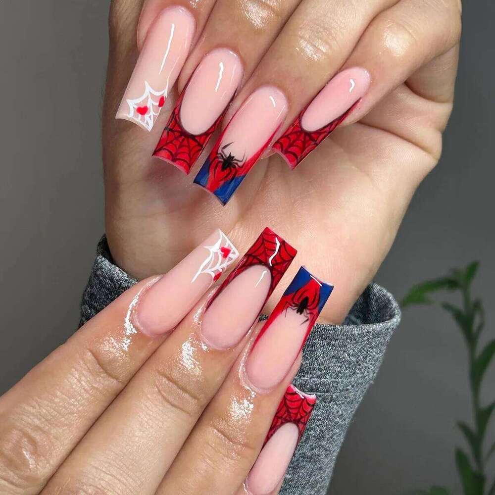 24pcs Red French Fake Nail Halloween Mid-length Square Set Press on Spider Rhinestone Design False Nails Reusable Manicure X250816