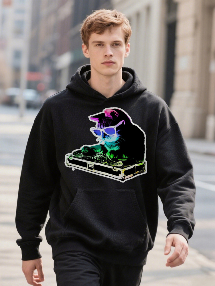 Men s Humorous Vintage Hoodie Graphic ee Black with Colorful DJ Cat Design Casual hine Washable