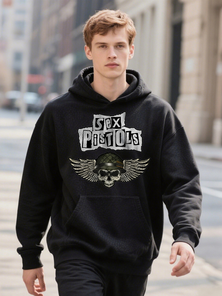 S Crew Hoodie Skull Wings Graphic Black with Distressed Paper Perfect Gift for Men Casual Wear