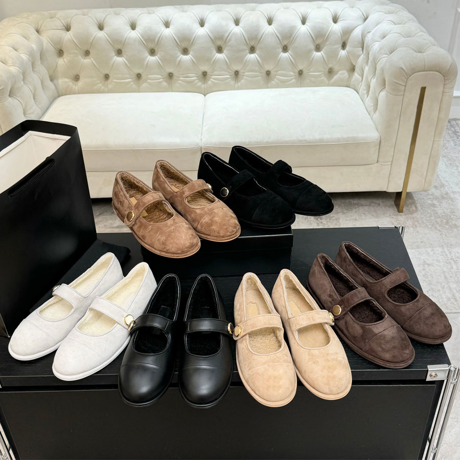 winter Warm brown Round-toed real Leather fur Ballet flats Fluffy furry Mary Jane shoes loafers womens ballerina shoes luxe filet strass Luxury designer shoes