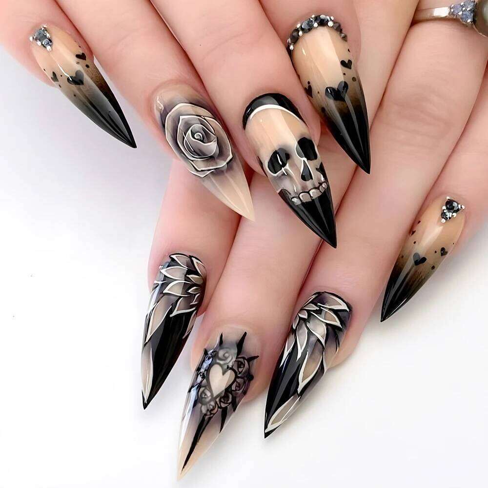 24Pcs Black Glossy Halloween Al Fake Gradient French Cool Press On Rose/Heart/Skull Acrylic Wearable False Nails X250816